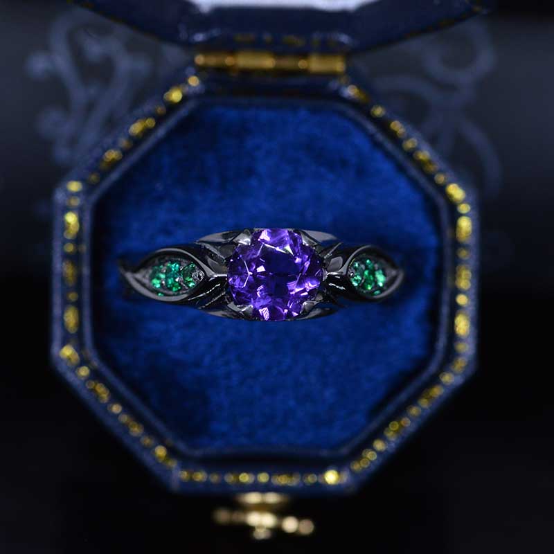 Floral Amethyst Engagement Ring - Black Gold Ring - Gift For Her - Leaf And  Vine Ring - Vintage… | Black engagement ring, Amethyst ring engagement,  Black gold ring