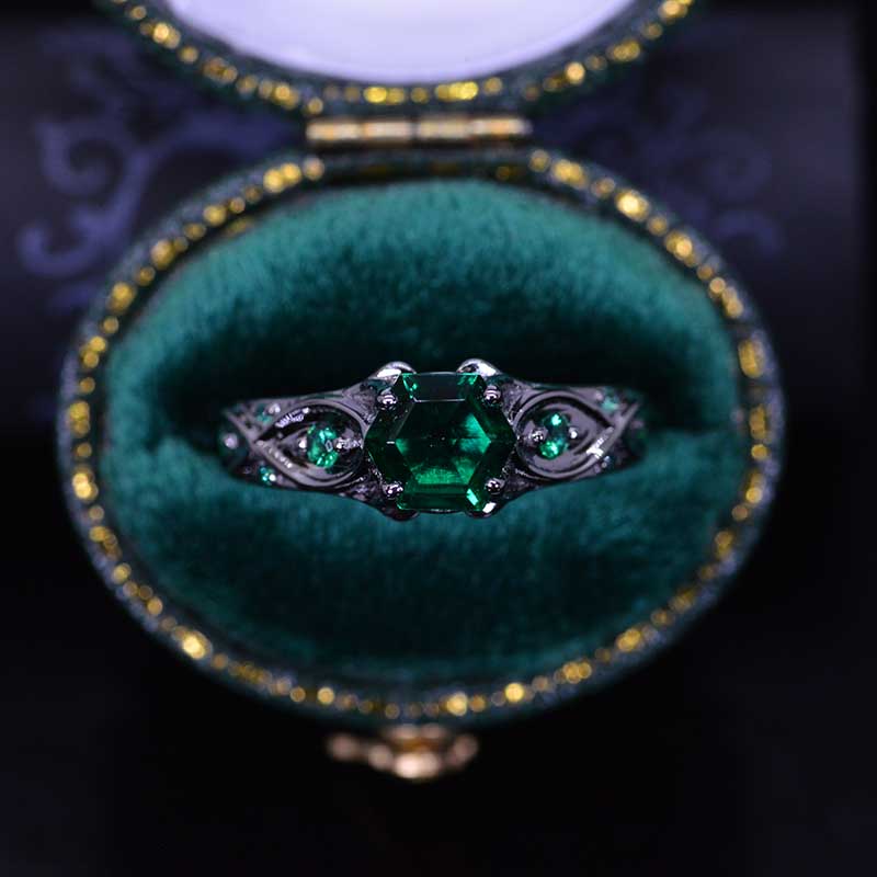14K Black Gold Hexagonal Emerald Celtic Engagement Ring - Giliarto