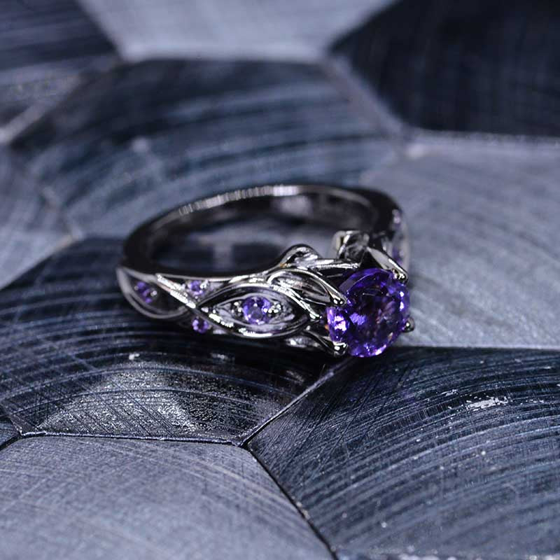 Oval Dark Purple Amethyst Filigree Engagement Ring with Diamond Accent