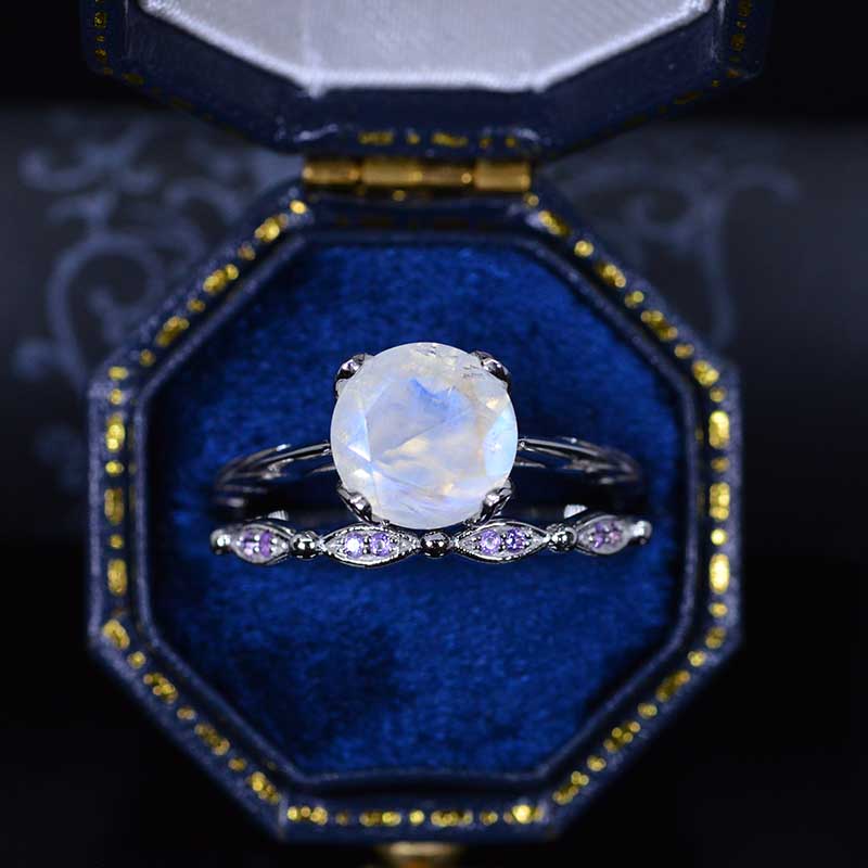 2 Carat Genuine Moonstone 14K White Gold Engagement. Eternity Ring. Set of Two Rings. Opal Leaf Floral Ring Design, Two Ring Set