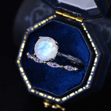 2 Carat Genuine Moonstone 14K White Gold Engagement. Eternity Ring. Set of Two Rings. Opal Leaf Floral Ring Design, Two Ring Set