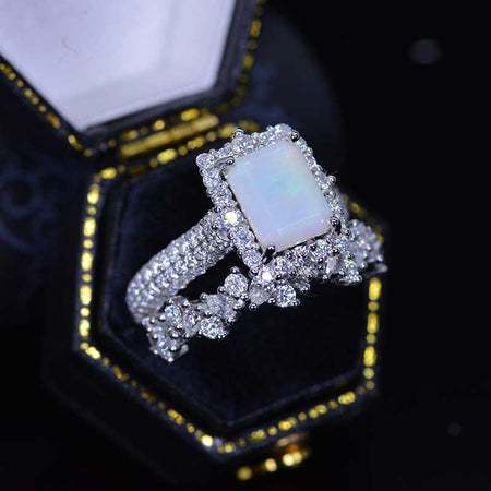 3Ct White Opal Engagement Ring Halo Emerald Cut Opal Engagement Ring, 9x7mm Step Cut White Opal Engagement Ring with Eternity Band