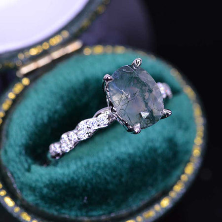 14K White Gold  2 Carat Oval Moss Agate Twisted Shank Engagement Ring