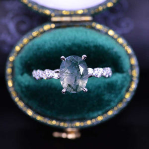 14K White Gold  2 Carat Oval Moss Agate Twisted Shank Engagement Ring