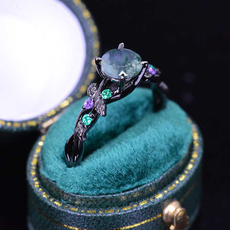 Genuine Moss Agate Floral Black Gold Engagement  Ring