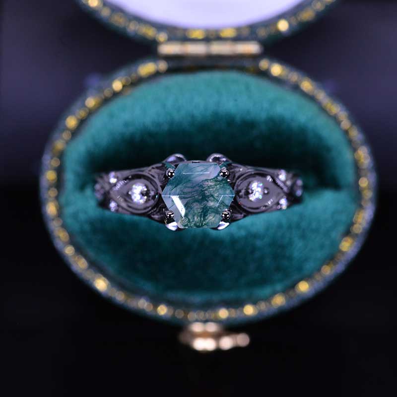 14K Black Gold Genuine Hexagon Moss Agate Celtic Engagement Ring