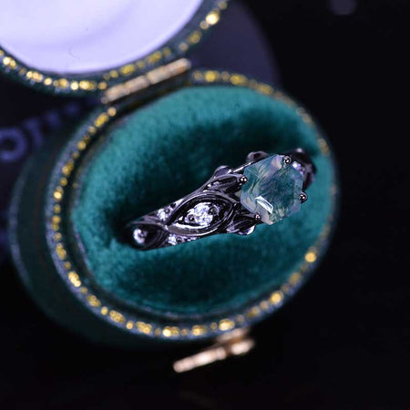 14K Black Gold Genuine Moss Agate Celtic Engagement Ring
