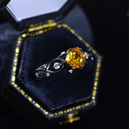 14K Black Gold Hexagonal Yellow Sapphire Celtic Engagement Ring