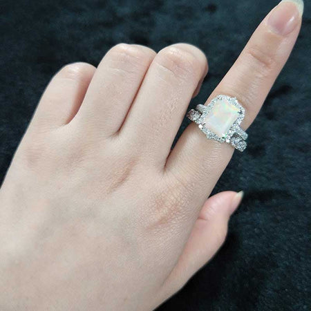 3Ct Genuine White Opal Engagement Ring Halo Radiant CutGenuine White Opal Engagement Ring, 9x7mm Radiant Cut Genuine White Opal Engagement Ring with Eternity Band