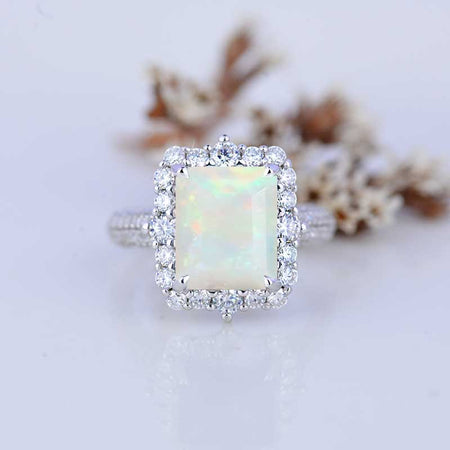 4Ct Natural Genuine White Opal Engagement Ring Halo Emerald Step Cut Engagement Ring