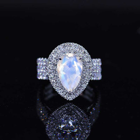 3 Carat Pear Cut Genuine moonstone Halo Engagement Ring
