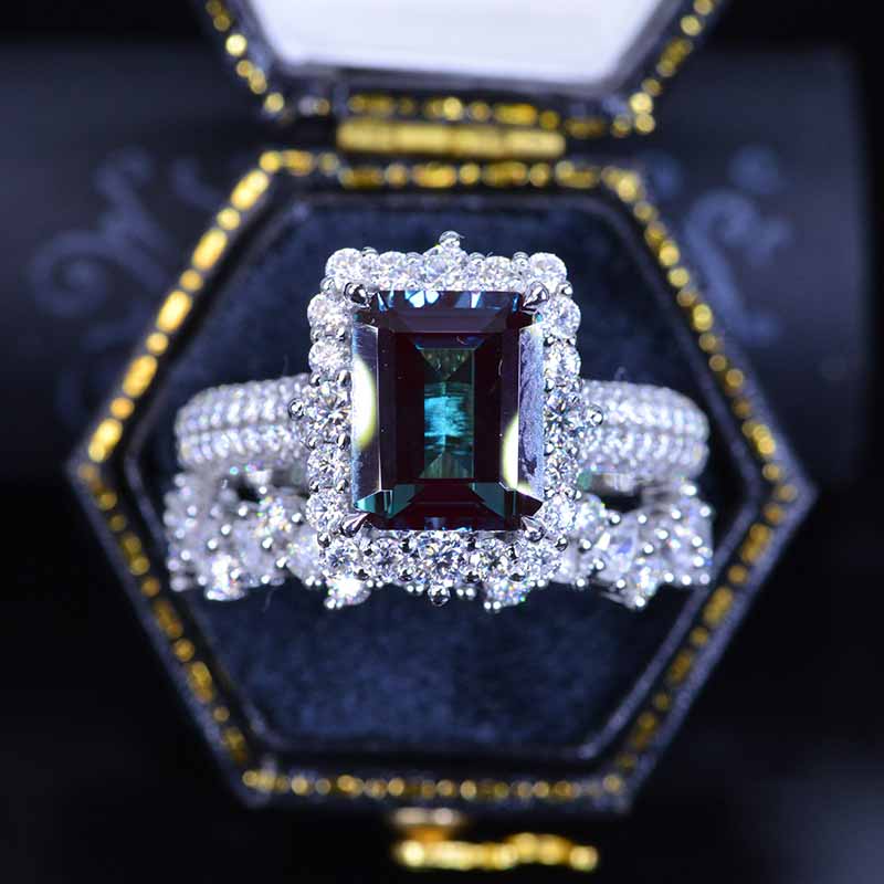 4Ct Alexandrite Engagement Ring Halo Emerald Cut Alexandrite Engagemen ...
