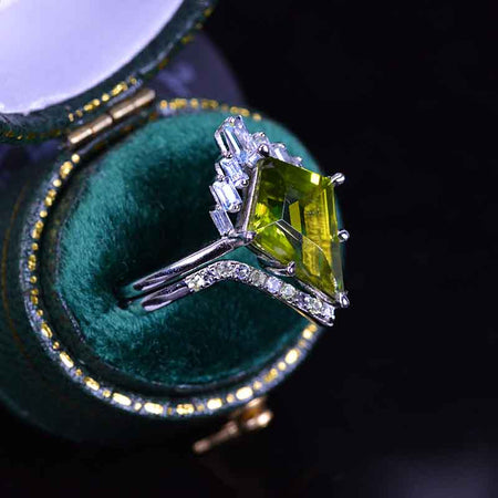 4 Carat Kite Peridot Halo 14K White Gold Engagement Ring, Eternity Ring Set