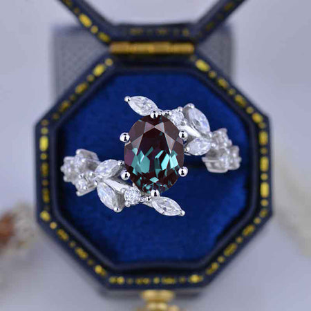 1.5 Carat Oval Alexandrite Floral 14K White Gold Engagement Ring