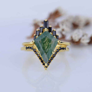 4 Carat Kite Genuine Moss Agate Black Moissanite Halo Engagement Ring, Eternity Ring Set