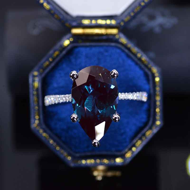 8 Carat Pear Alexandrite 14K White Gold Engagement Ring