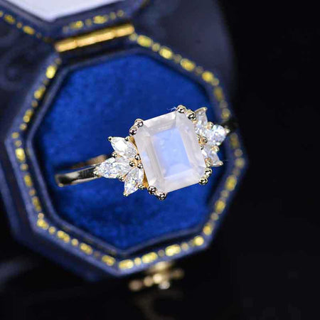 3Ct Genuine moonstone Engagement Ring, Solitaire Emerald Cut Genuine moonstone  Engagement Ring