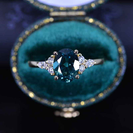 3 Carat Oval Teal Sapphire Diamonds Engagement Ring