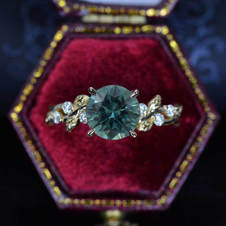 2 Carat Round Brilliant Cut Teal Sapphire Floral Yellow Gold Engagement Ring
