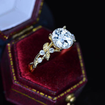 2 Carat Gray Round Brilliant Cut Aquamarine Floral Yellow Gold Engagement Ring
