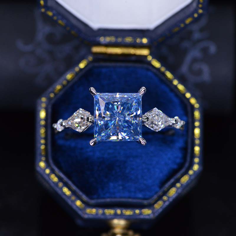 18K White Gold Radiant-Cut Blue Sapphire With Accent Princess-Cut Diam