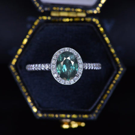 1.5 Carat Oval Teal Sapphire Halo Engagement Ring