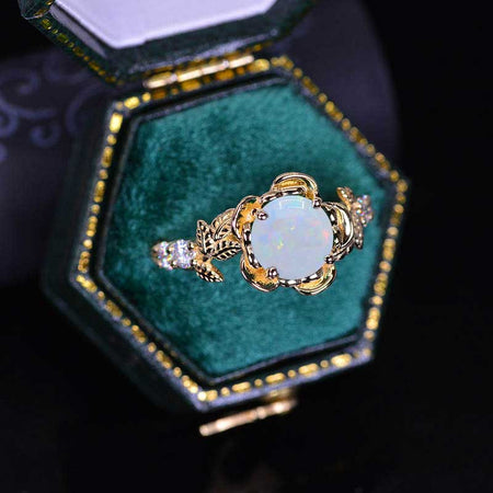Genuine White Opal Floral Halo Engagement Ring