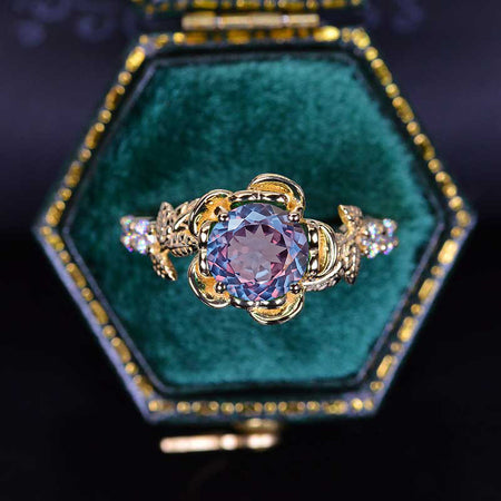 Portuguese Cut Alexandrite Floral Halo Engagement Ring Model 985-7