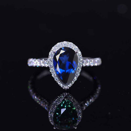 14K Solid White Gold 3 Carat Halo Pear Cut Blue Sapphire Ring
