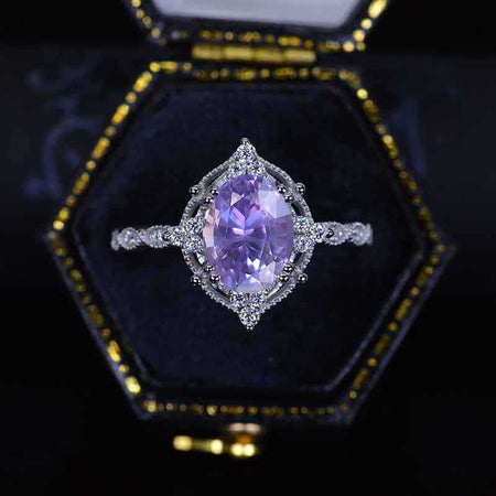 2 Carat Oval Purple Sapphire Halo Vintage Engagement 18K White Gold Ring