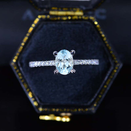 1 Carat Carat Oval Genuine Natural Aquamarine Ring, Hidden Halo Gold Engagement Ring