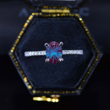 1 Carat Oval Fireworks Cut Alexandrite Ring, Hidden Halo Gold Engagement Ring