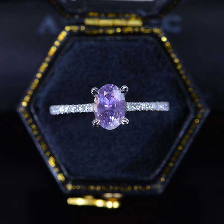 1 Carat Carat Oval Purple Sapphire Ring, Hidden Halo Gold Engagement Ring