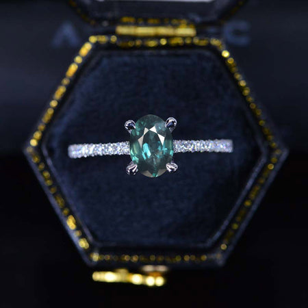 1 Carat Carat Oval Teal Sapphire Ring, Hidden Halo Gold Engagement Ring