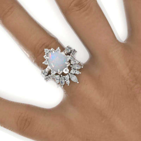 3 Carat Pear Genuine White Opal Halo Floral Engagement Ring 14K White Gold Ring Set