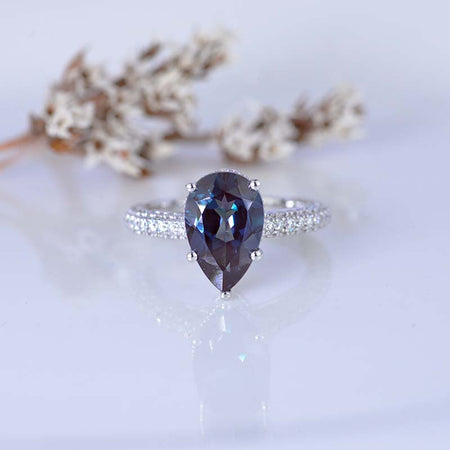 4 Carat Pear Cut Alexandrite Hidden Halo Gold Engagement Ring