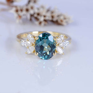 14K Rose Gold 2 Carat Oval Teal Sapphire Halo Vintage Engagement Ring