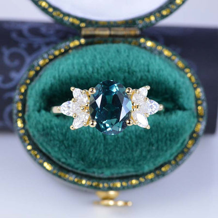 14K Rose Gold 2 Carat Oval Teal Sapphire Halo Vintage Engagement Ring