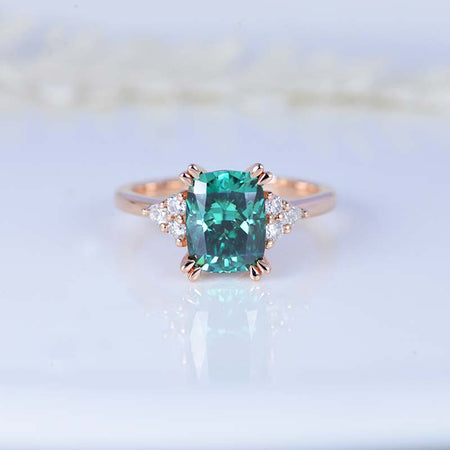 2.5Ct Cushion Green Moissanite Vintage Engagement Ring, Cushion Moissanite Engagement Ring, Marquise Side Accents Stones 14K Rose Gold Ring