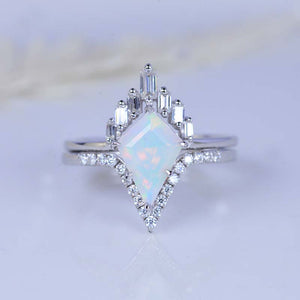 2.5 Carat Kite Genuine Natural White Opal Halo 14K White Gold Engagement Ring, Eternity Ring Set