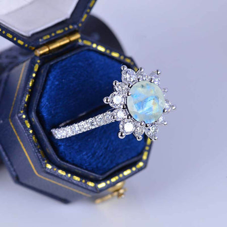 2 Carat Round Genuine Moonstone Halo Engagement Ring. Victorian 14K White Gold Ring