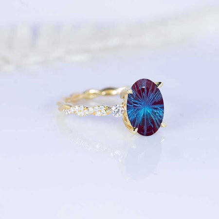14K Yellow Gold 3 Carat Oval Fireworks Cut Alexandrite Rope Engagement Ring Eternity Set