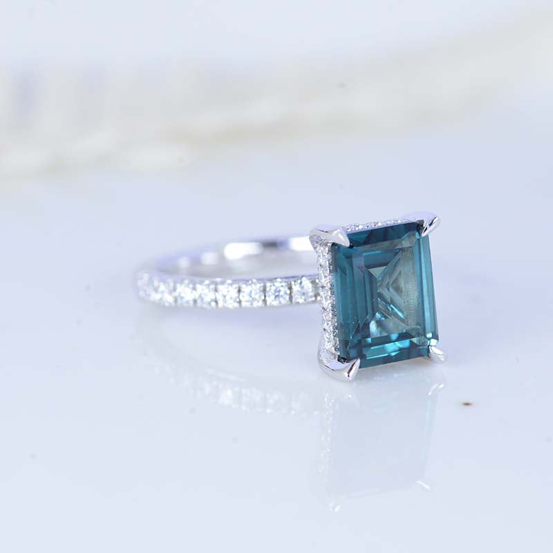 3 Carat Emerald Cut Teal Sapphire Hidden Halo Engagement Ring - Giliarto