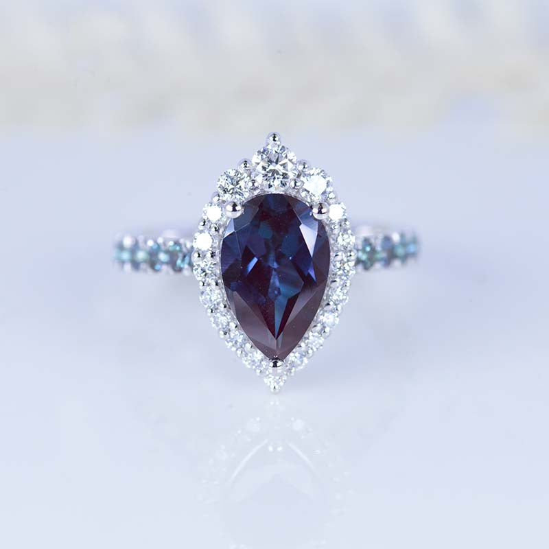 14K Solid White Gold 3 Carat Alexandrite Pear Cut Halo Moissanite and Alexandrite Accents Ring
