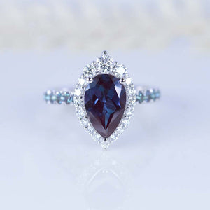 14K Solid White Gold 3 Carat Alexandrite Pear Cut Halo Moissanite and Alexandrite Accents Ring