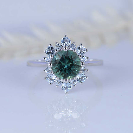 2 Carat Snowflake Teal Sapphire with Teal Sapphire Halo 14K White Gold Ring