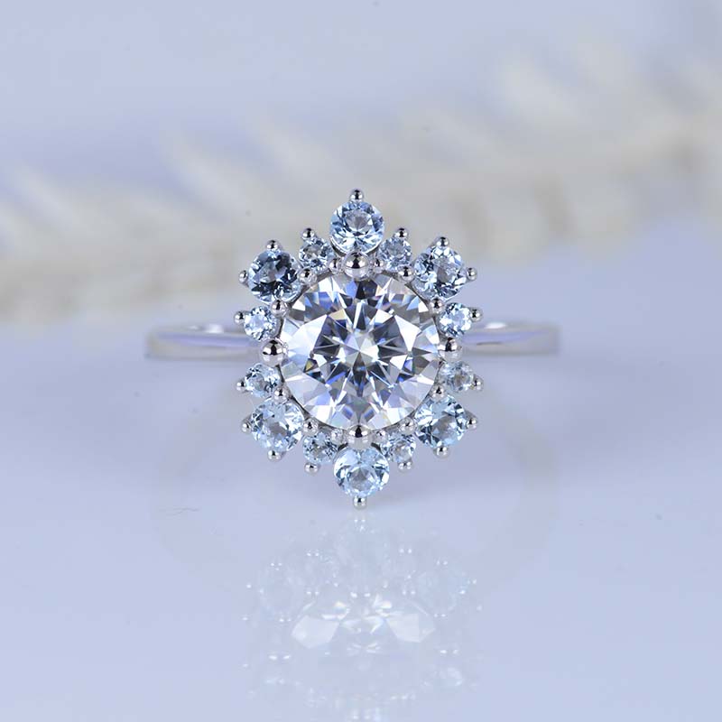 2 Carat Snowflake Moissanite with Aquamarine Halo 14K White Gold Ring