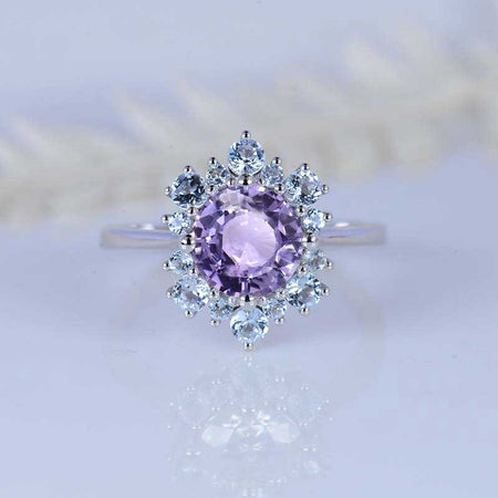 2 Carat Snowflake Purple Sapphire with Aquamarine Halo 14K White Gold Ring