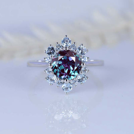 2 Carat Snowflake Alexandrite with Aquamarine Halo 14K White Gold Ring