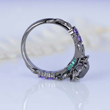 1.5 Carat Round Black Moissanite Floral Halo Engagement Ring